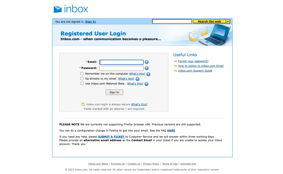 inbox.com Webmail Interface