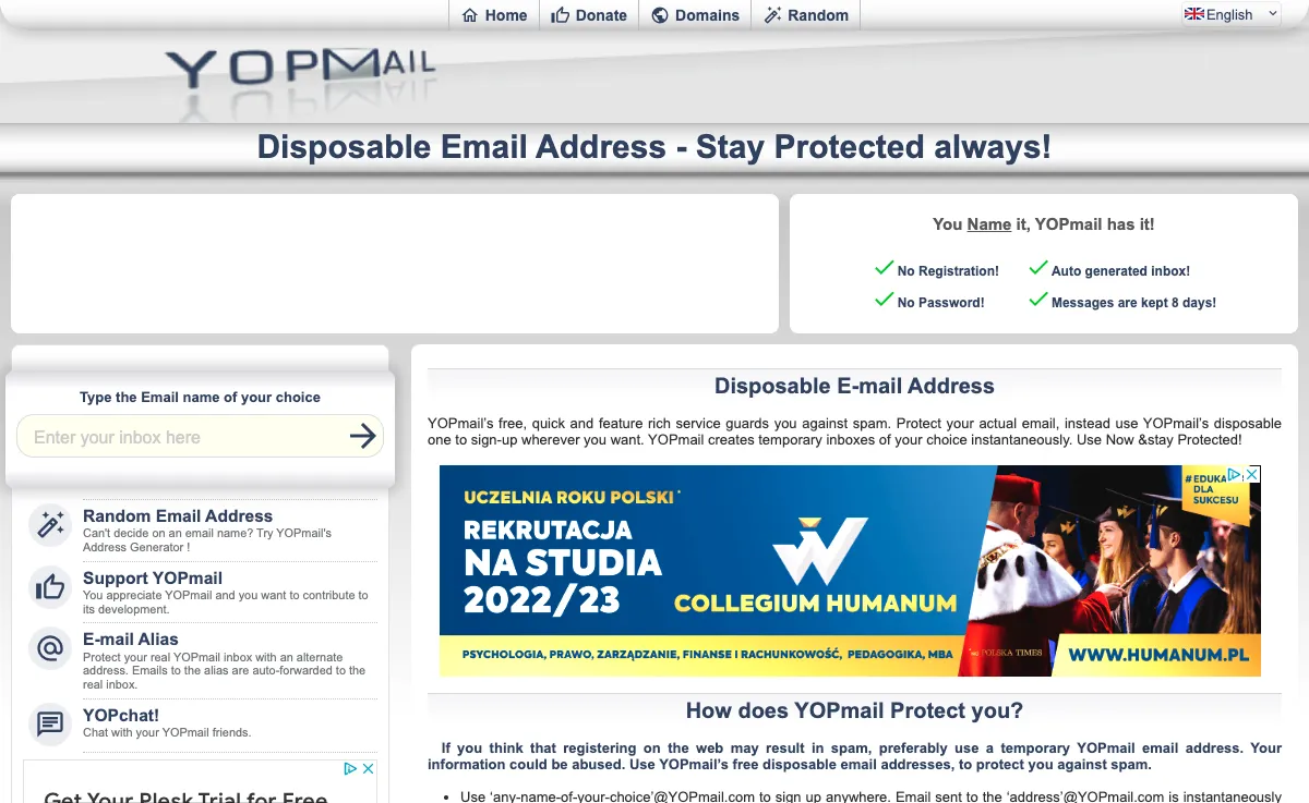 yopmail.com Webmail Interface